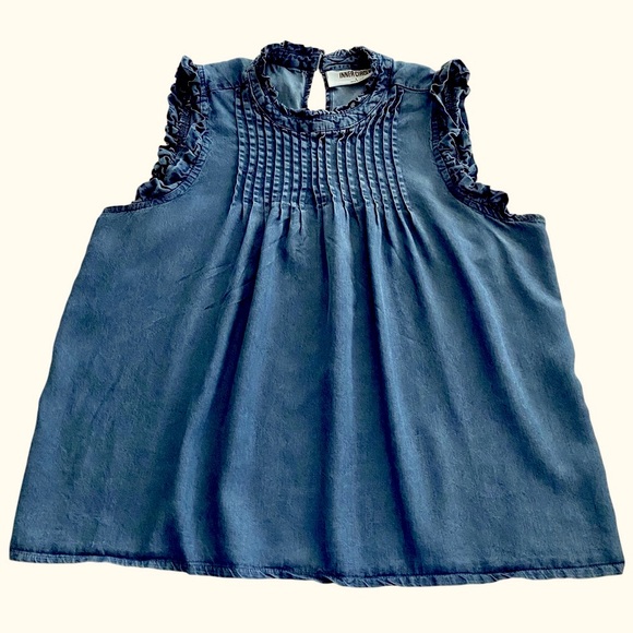 Blue Chambray Flutter Sleeve Top Blouse Large Pleated Ruffles Summer Sleeveless - Picture 4 of 11